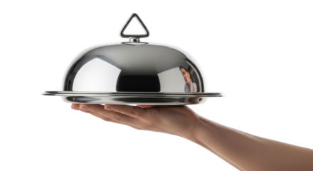 Isolated hand holding domed silver platter with reflection on light neutral backdrop