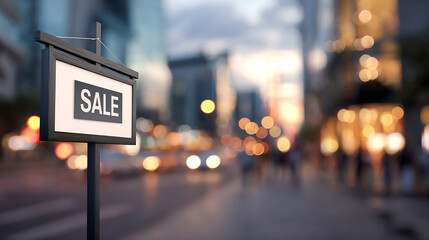 A sale sign stands on a city street with blurred lights and buildings in the background at dusk or evening