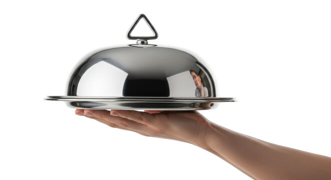 Isolated hand holding domed silver platter with reflection on light neutral backdrop