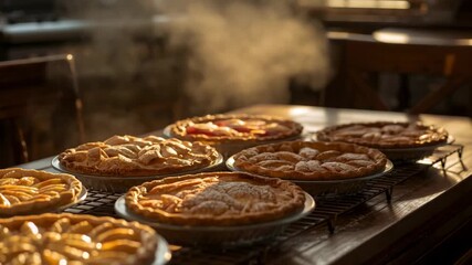 Panning camera capturing steam rising from fruit pies on cooling racks in kitchen revealing crust - Powered by Adobe