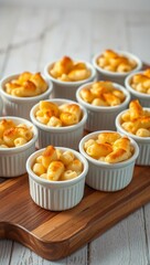 wooden board ramekin pasta mini mac and cheese oven baked baked pasta cheesy pasta melted cheese individual portions comfort food  
