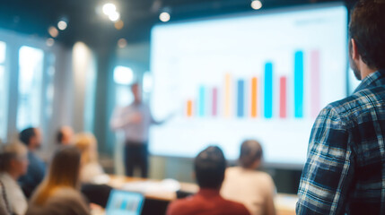 Man presenting bar graph to audience in a conference room with bright natural light coming through windows