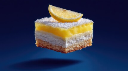 A piece of lemon dessert with a lemon slice on top.
