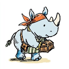 Fototapeta premium A charming rhino, dressed as a pirate, carries a treasure chest with joyful spirit.