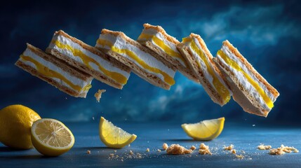 Lemon meringue bars suspended in mid-air.