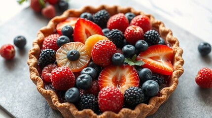Fruity Tart: A close-up shot of a vibrant fruit tart, overflowing with a colorful assortment of fresh berries, baked to a golden brown perfection.