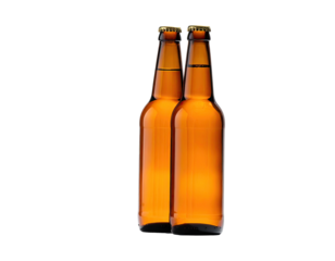Two amber glass beer bottles, closely stacked, with light reflecting off the surfaces