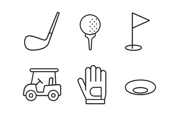 Golf equipment icons: club, ball, tee, flag, cart, glove, hole