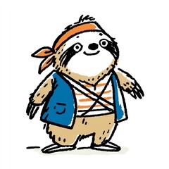 A cheerful sloth dressed as a pirate stands against a crisp, clean white backdrop.