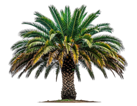 Lush palm tree with vibrant green fronds and a textured trunk