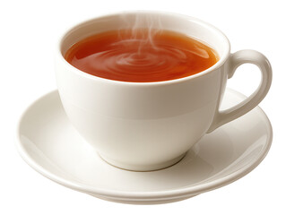 Hot tea in a white cup with saucer on white background.