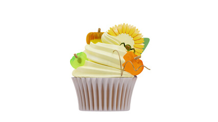 cupcake with cream and flowers and pumpkin 3D rendering