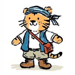 Illustration of a cute tiger dressed as an adventurer with a satchel and bandana.