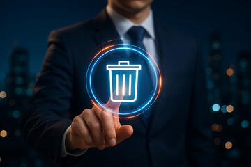 Businessman pointing to a glowing neon trash can icon symbolizing data disposal, waste management, digital cleanup, or recycling technology in a modern city setting
