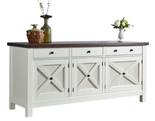 White wooden buffet with dark top and decorative panels