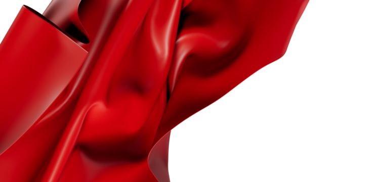 Abstract, smooth, and silky red fabric folds flowing against a clean white background.  Perfect for background and design use.
