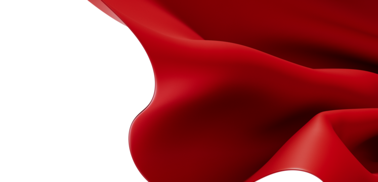 Abstract image of flowing red fabric with soft textures against a clean white background. This image evokes feelings of luxury, elegance, and fl