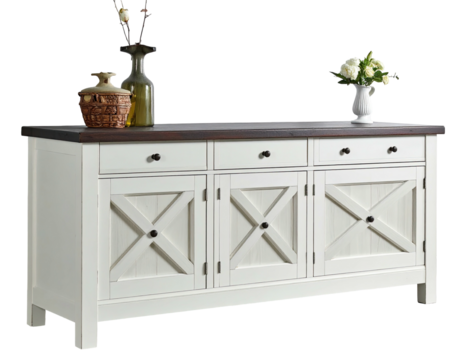 White wooden buffet with dark top and decorative panels