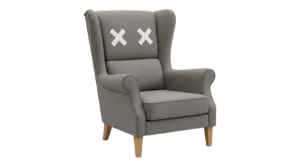 Isolated wingback chair with Xs on headrest, upholstered in gray fabric, studio shot, neutral tones
