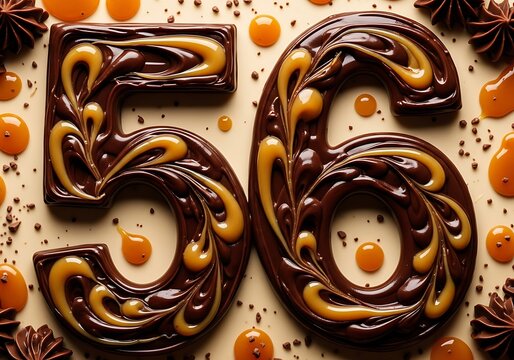 Chocolate and Caramel Number 56 Dessert with Sweet Drizzles and Candy Sprinkles for Anniversary or Birthday Celebration