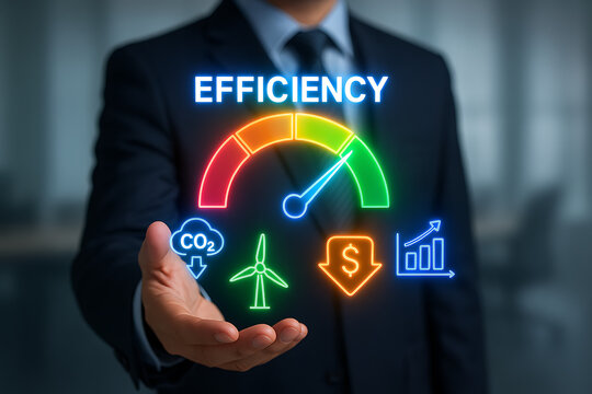 Businessman holding an energy efficiency gauge with icons for carbon dioxide, wind power, money, and a bar chart, symbolizing sustainable business and cost-saving - Powered by Adobe