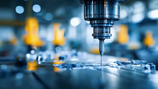Medium shot of an injection molding machine nozzle dispensing molten plastic sharply focused while the surrounding factory environment remains softly blurred.