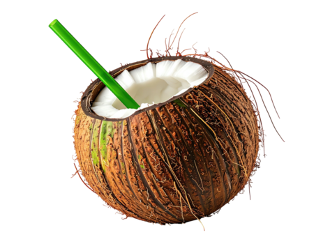 Open coconut with a green straw
