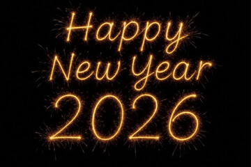 Happy New Year 2026. Creative text Happy New Year 2026 written sparklers on black background. Artistic Design element. Beautiful sparkling overlay template for holiday greeting card, flyer, banner