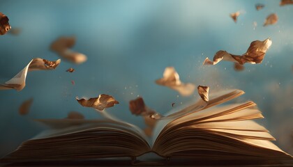 Poetic open book with flying pages in soft light.