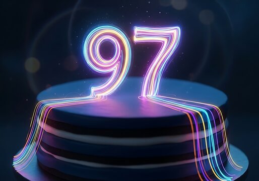 Vibrant Neon Glowing 97th Celebration Number on a Cake with Colorful Light Streamers for Anniversary