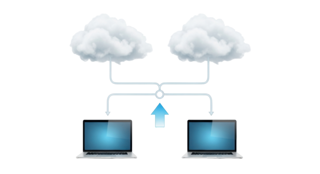 Isolated cloud computing network concept connecting laptops, data transfer from clouds - Powered by Adobe