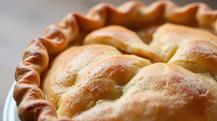 Golden Crust Delight: A close-up shot of a freshly baked pie, showcasing its golden crust and enticing texture, evokes a sense of warmth and the comforting essence of home baking.
