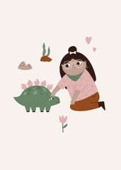 Cute Girl Explorer with Dinosaur Stegosaurus Illustration