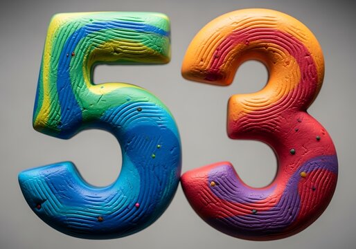 Colorful Textured Rainbow Numbers 53 Standing Upright on a Soft Gradient Background