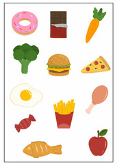 Worksheet showing healthy and unhealthy foods such as broccoli, carrot, egg, pizza, burger.