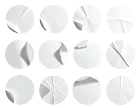 Twelve circular, white paper textures, wrinkled and creased