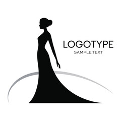 Black Silhouette of Elegant Woman in Long Gown with Swoosh Design and Logotype Text female lady