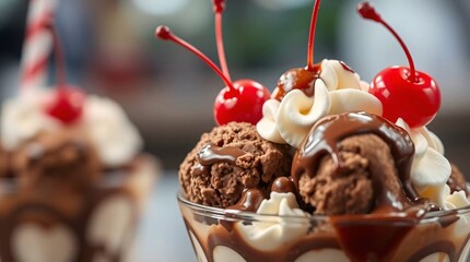 Decadent Dessert: A close-up shot of a tantalizing dessert sundae, where a scoop of rich chocolate ice cream, adorned with whipped cream, a drizzle of luscious chocolate sauce, and a vibrant cherry.
