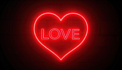 Red Neon Heart Glowing on Dark Brick Wall Love Sign Cinematic Mood Lighting Valentine's Day Romantic Backdrop Abstract Grunge Texture Graphic Design