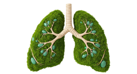 Isolated human lungs, environmental health concept, green moss, branches, and stones