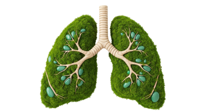 Isolated human lungs, environmental health concept, green moss, branches, and stones - Powered by Adobe