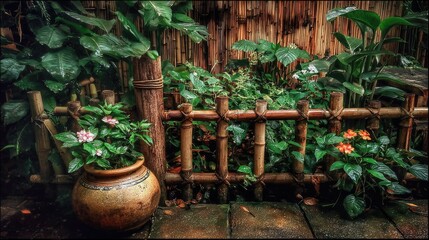 Lush garden scene with a bamboo fence and terracotta pot.