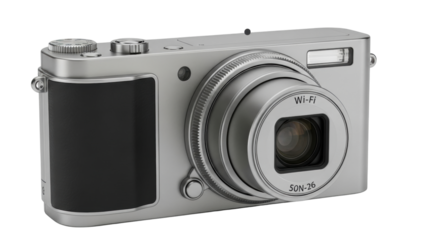 Isolated silver digital camera with Wi-Fi capability, professional and sleek design for photography