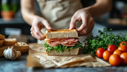 Chef's hands assembling a toasted sandwich with meat and greens on parchment paper