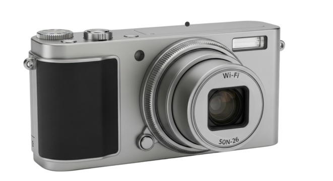 Isolated silver digital camera with Wi-Fi capability, professional and sleek design for photography