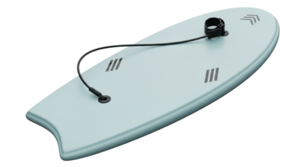 Isolated aqua boogie board with leash and wrist strap ready for the beach or swimming pool