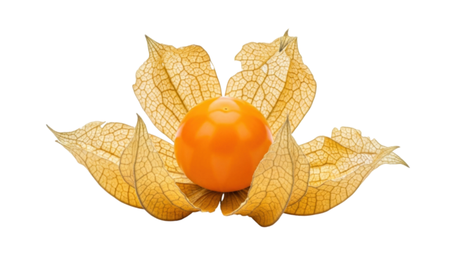 Isolated Physalis Peruviana fruit with its dry, papery husk, also known as a Cape Gooseberry.