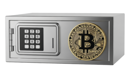 Isolated image of a digital safe securing Bitcoin as a representation of cybersecurity