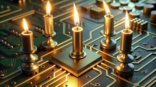 Tech Stock Semiconductor Concept. Candles on a circuit board create a unique fusion of technology and warmth.