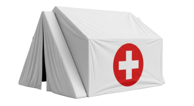 Isolated field hospital tent with red cross for medical support in emergency disasters